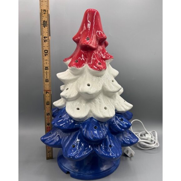 Ceramic Patriotic Christmas Tree Lighted Decoration Red White Blue Plug-In Cord - Picture 6 of 7